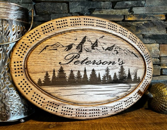 Family Name Mountain Scene Cribbage Board