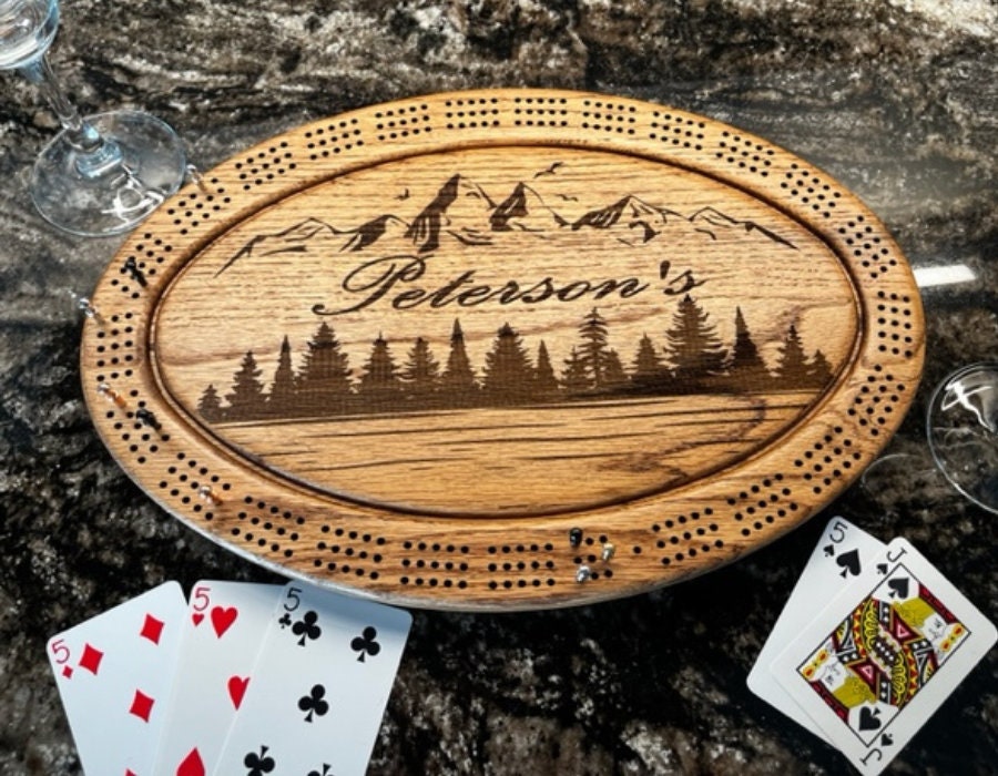 Family Name Mountain Scene Cribbage Board